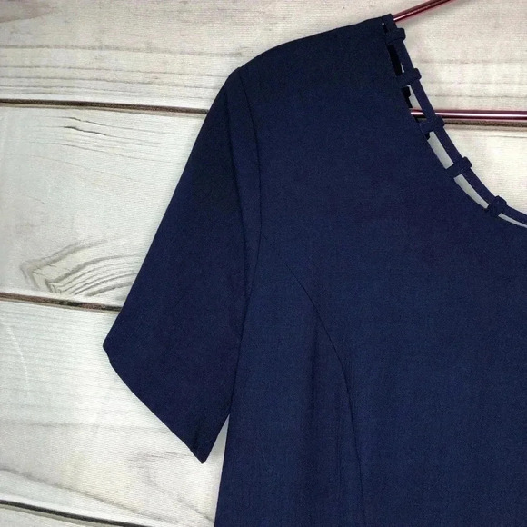 VTG Kathy Lee Dress 14 Dark Blue Short Sleeve Midi Back Zip Unlined - Picture 8 of 11